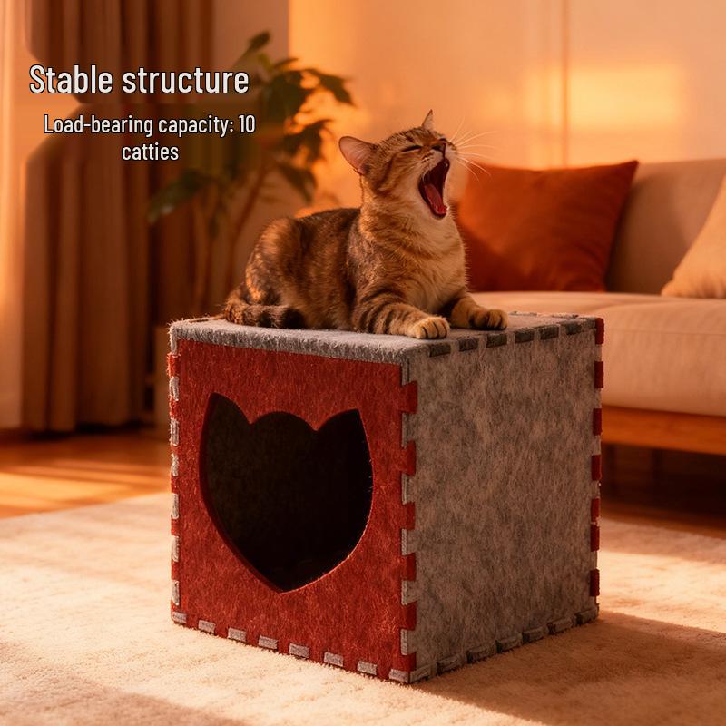 Felt Cat Bed & Scratch Board: DIY Assembly Tunnel, Detachable Semi-Enclosed All-Season Dice-Shaped Bed