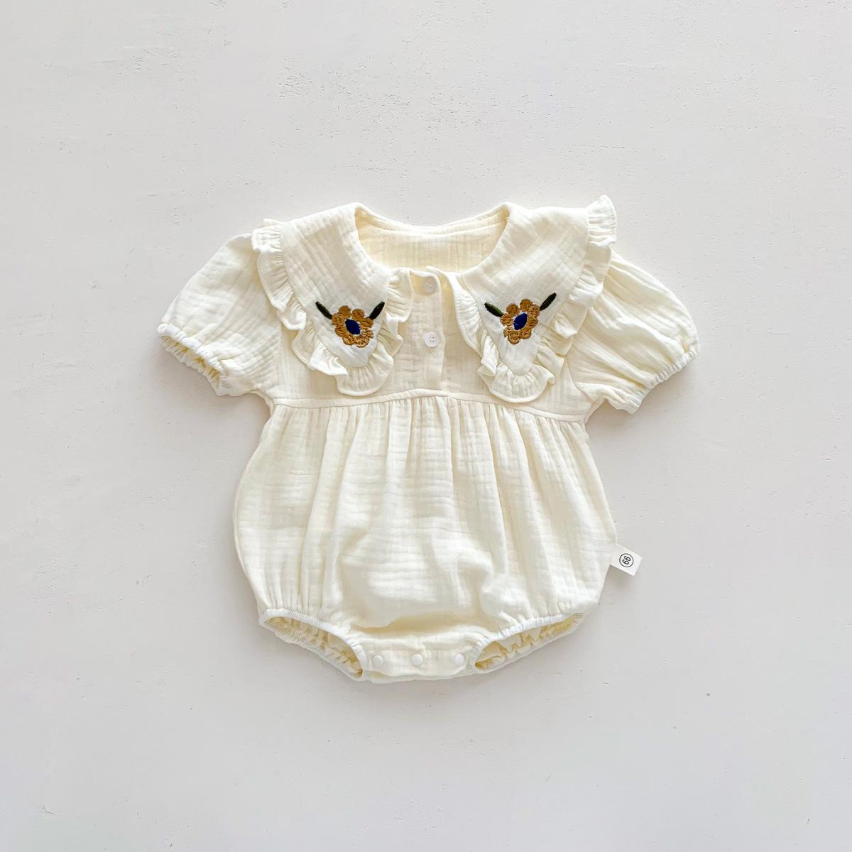 

Летний детский хлопковый вышитый комбинезон: Короткий рукав, кукольный воротник, милый треугольный дизайн для девочек 80 cm