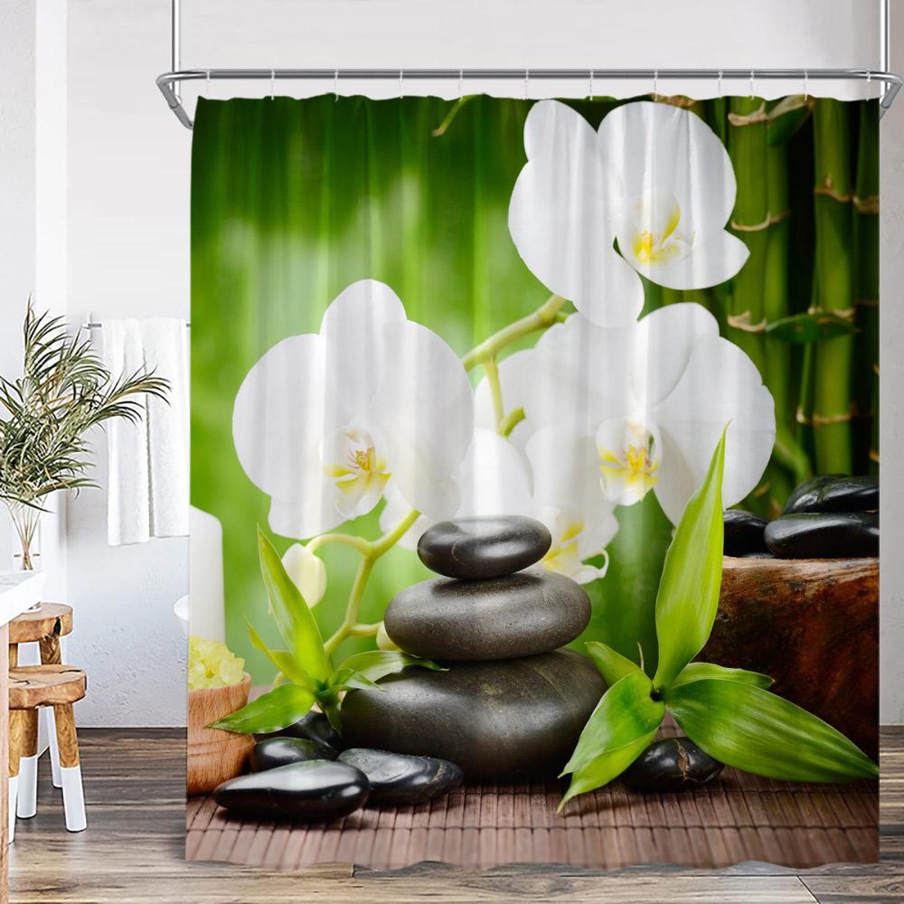 Zen Zasłony Prysznicowe Czarny Kamień Zielony Bambus Lotos Spa Świeca Fioletowa Orchidea Naturalny Liść Zasłona Łazienkowa Medytacja Wystrój Kąpieli