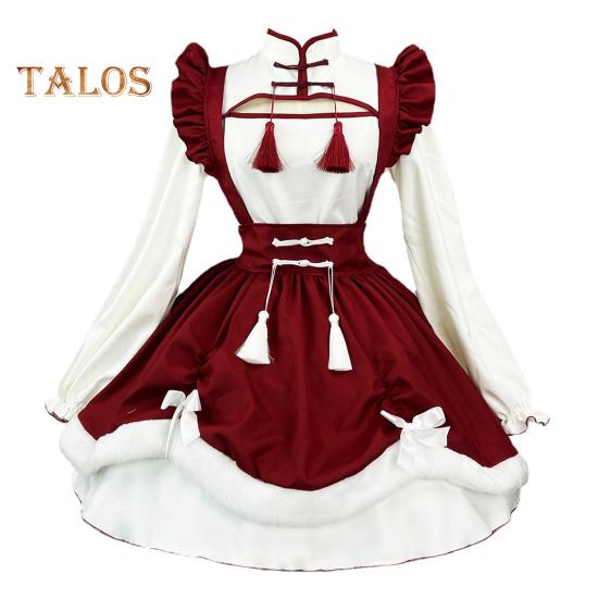 Cosplay Dress Lolita Maid Style Role Play Dress Hollow Out Shirring Contrast Color Tassel Bow Decor Pleated A-line Mini Dress New Year Party Costume