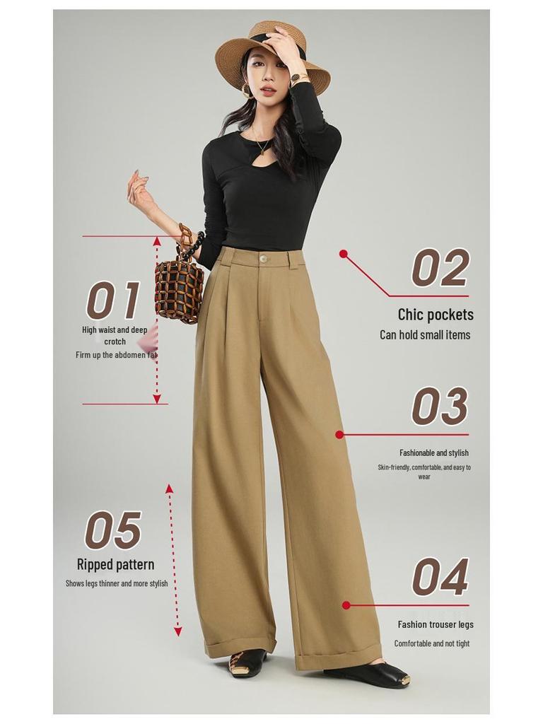 2026 Spring Women's Tencel Wool High-Waisted Wide-Leg Pants - Casual Loose Drapey Slimming Floor-Length Trousers