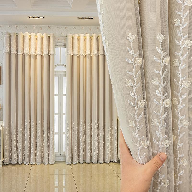 Dubbellaags Gordijnstof Set, Tak Borduurontwerp, Eenvoudig Puur Scandinavisch, Volledig Zonwerende Slaapkamer Verduisteringsdoek W132xH241cm&Grommet Top