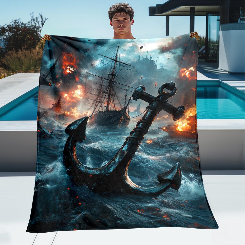 Epic Pirate Ship Battle with Anchor Flannel Blanket Ocean Storm Fire Naval War Scene Dramatic Art Soft Cozy Throw for Home Decor 75x100cm (30x40inch)