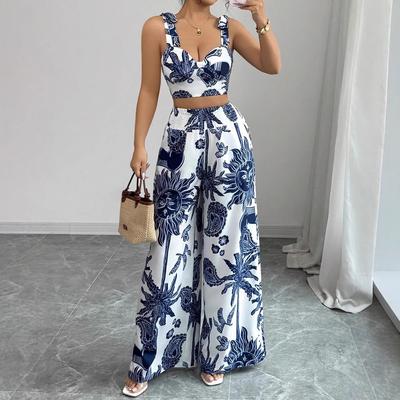 Damen Blau-Weiß Gemustertes Cami Crop Top und Weitbeinige Hosen Set