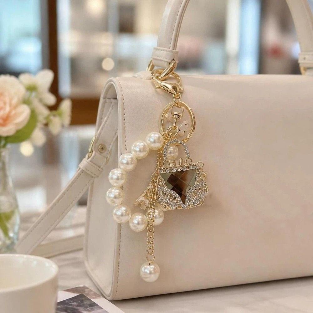 Decoration Bag Pendant Zircon Studded Rhinestone Bag Keychain Pearl Beads Key Chain For Women
