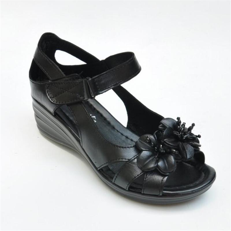 Cowhide women's sandals summer fashion diamond platform High heels casual Slope Heels slippers womens shoes Cozy mother shoes