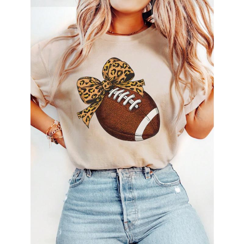 Women's Casual Round Neck Short Sleeve Olive Green Football Letter Print T-Shirt