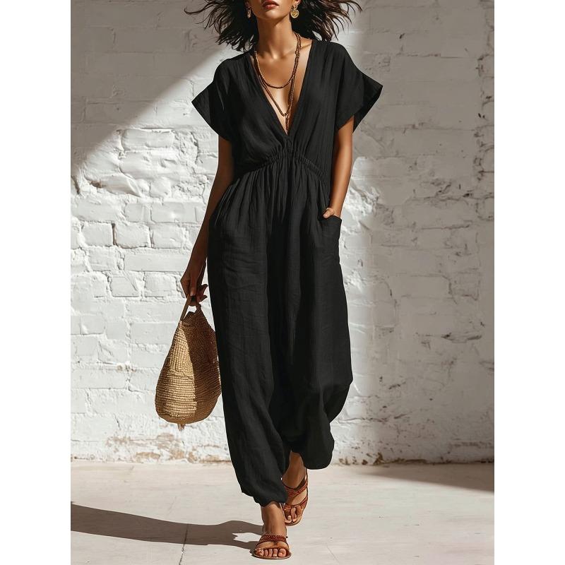 GMXIA Women's Fashion Casual Solid Color Print Summer Spring Short Sleeve V-Neck Suspenders trousers Jumpsuits & Rompers