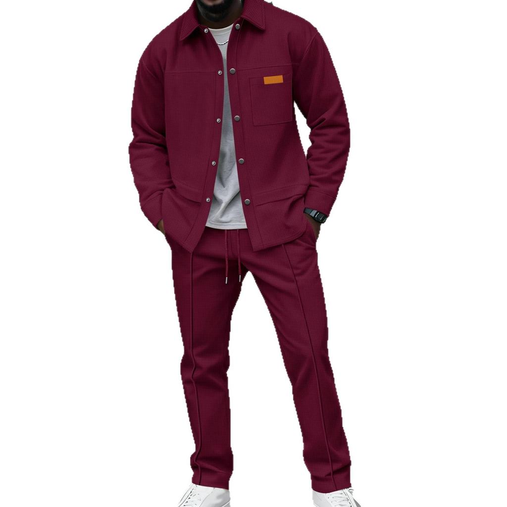 Spring and Autumn Men's High-quality Waffle Pure Color Placket Pocket Jacket Set - A Stylish and Casual Two-piece Outfit