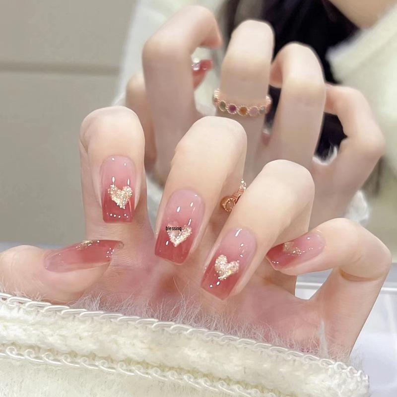 Blush Ombre Press-on Nails with Heart Rhinestones