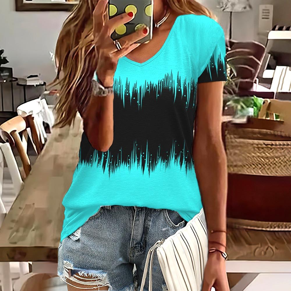 Fashion Women T-Shirt Stripes Print Gradient V-Neck Short Sleeve Basic Tops Streetwear Summer Oversized Clothing Female T-Shirts