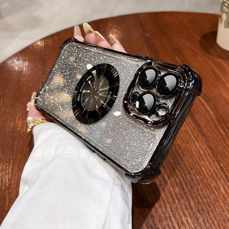 Applicable To IPhone16E Electroplated Four-angle Lens Film Mobile Phone Case Apple 15PRO Flash Powder Magnetic Bracket Protection Case