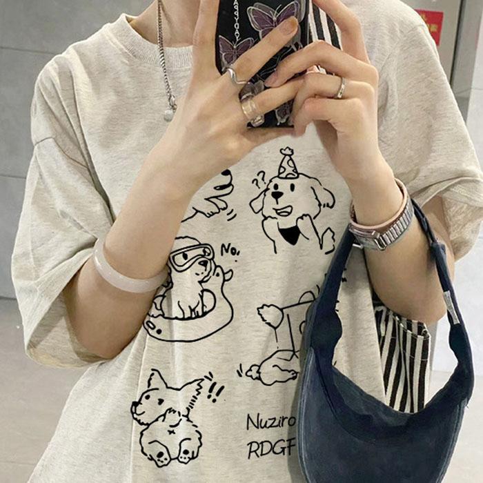 Ladies Summer Short Sleeve Round Collar Pullover Casual Sketch Puppy Printed Teenager Oversize T Shirt Top