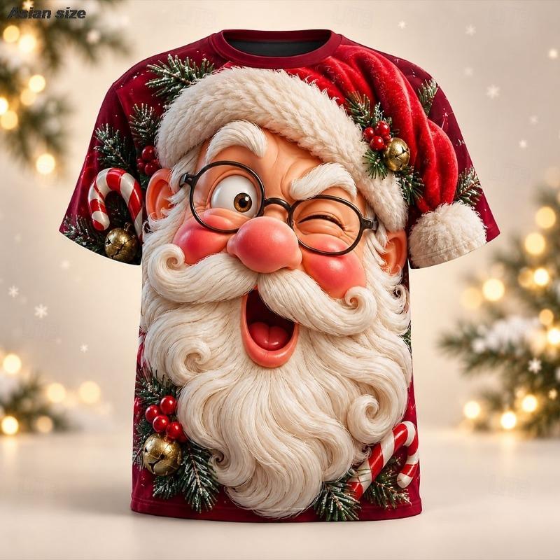 Winking Santa 3D Graphic Print T-Shirt, Christmas Bell Holly Winter Party, Men Funny Realistic Short Sleeve Tee