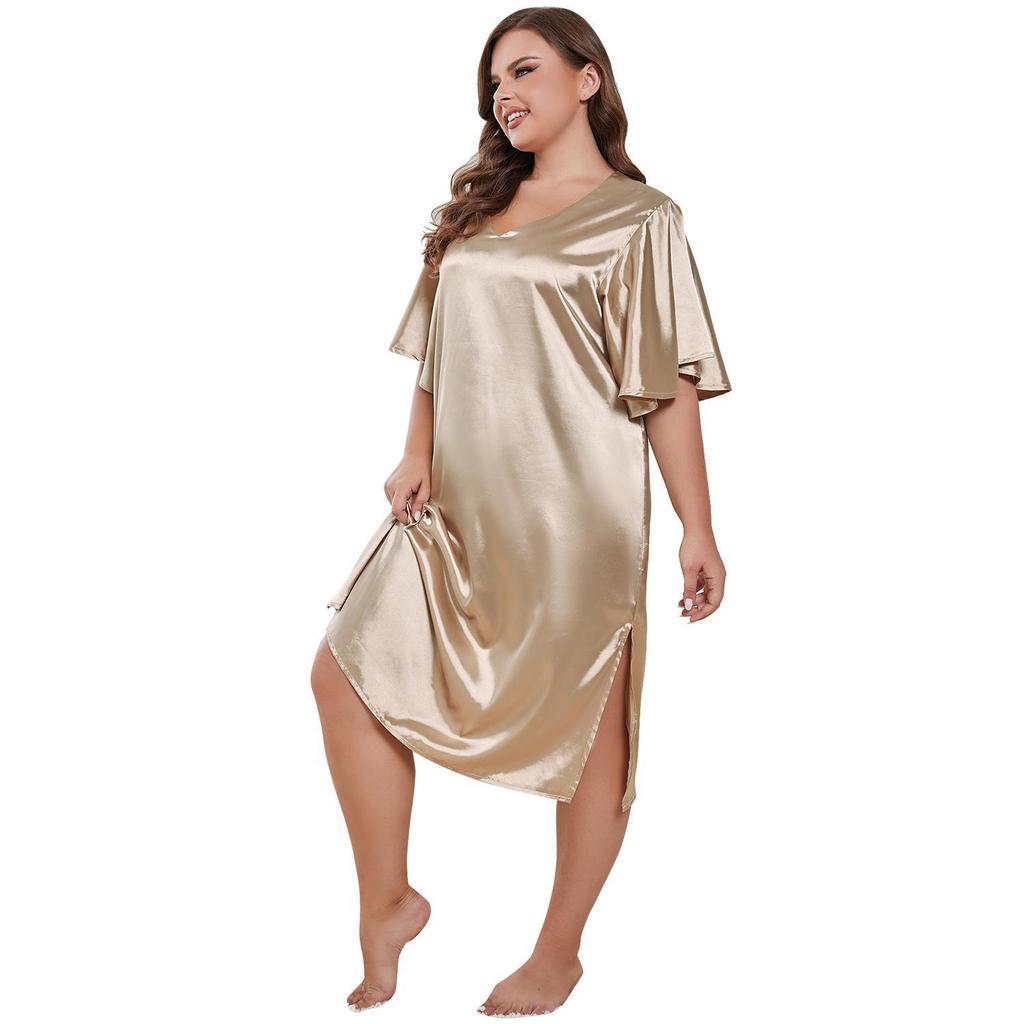 Women’s Nightgowns Simulation Silk Plus Size Sleepshirts Short Sleeves Satin Sleep Lounge Wear Large Pajamas Dresses 1XL-4XL Home Clothing KTB