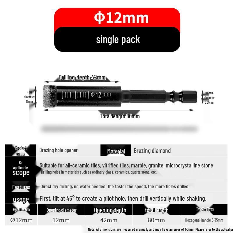 Hex Shank Hole Drill Bit for Glass, Marble, Ceramic, and Porcelain Tiles - Dry Use