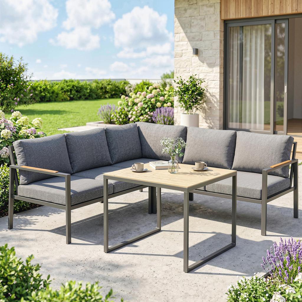 Outdoor Garden Furniture Set, 3-Piece, 5 People, 2 Sofas, Coffee Table, 183 x 183 x 72 cm, Dark Grey