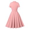 Damen Retro Swingkleider Kurzarm V-Ausschnitt Schleife Knopfleiste Gürtel Hepburn-Stil Kleid Hohe Taille Freizeitkleidung