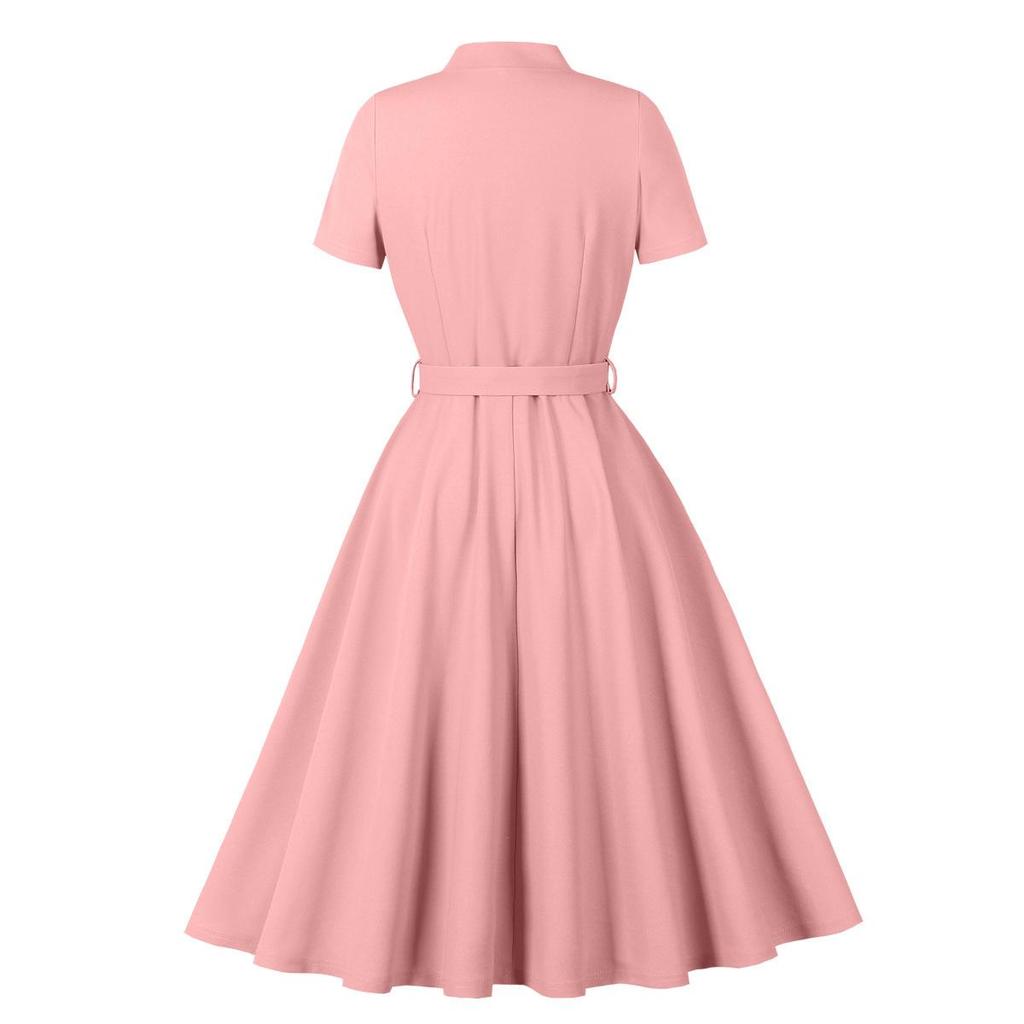 Damen Retro Swingkleider Kurzarm V-Ausschnitt Schleife Knopfleiste Gürtel Hepburn-Stil Kleid Hohe Taille Freizeitkleidung