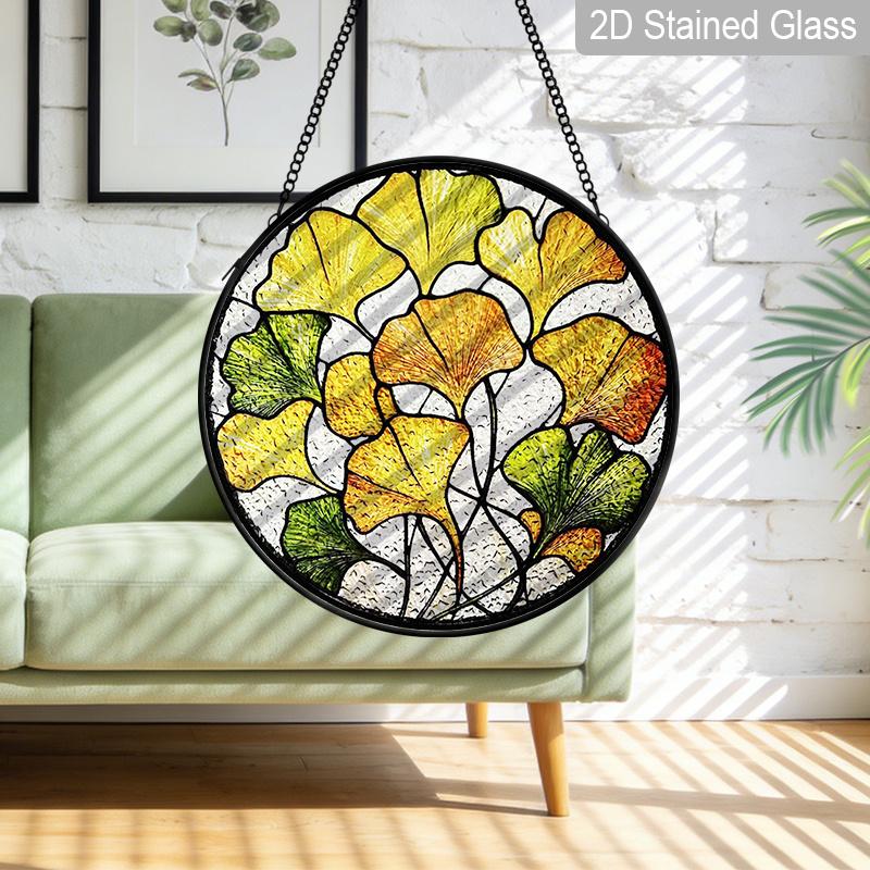 2D Flat Stained Glass Ginkgo Leaf Window Decoration, Autumn Yellow & Green Design Colored Glass Plate with Chain, Charming Sun Catcher Home Garden