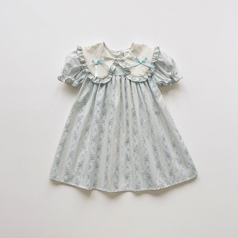 2026 Summer Doll Collar Color Block Girls  Dress – French Print Short Sleeve Princess Korean Style 90 cm