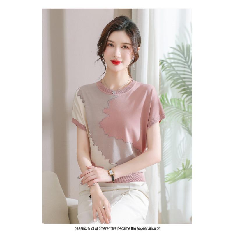 Women Summer New Ice Silk Round Neck Short Sleeve T Shirt Elegant Loose Thin Knit Top