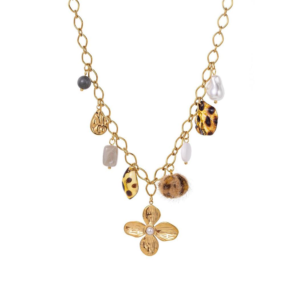 Cross Retro 18K Gold-Plated Stainless Steel Necklace with Leopard Print Plush Ball and Pearl Flower Pendant