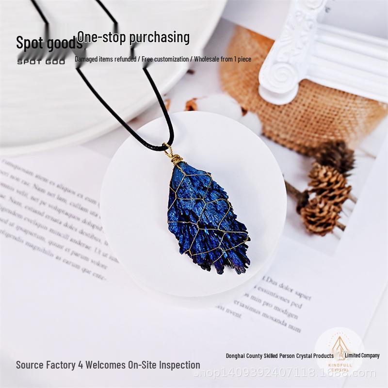 Black Tourmaline Feather Pendant with Blue Plating - Handcrafted Decoration