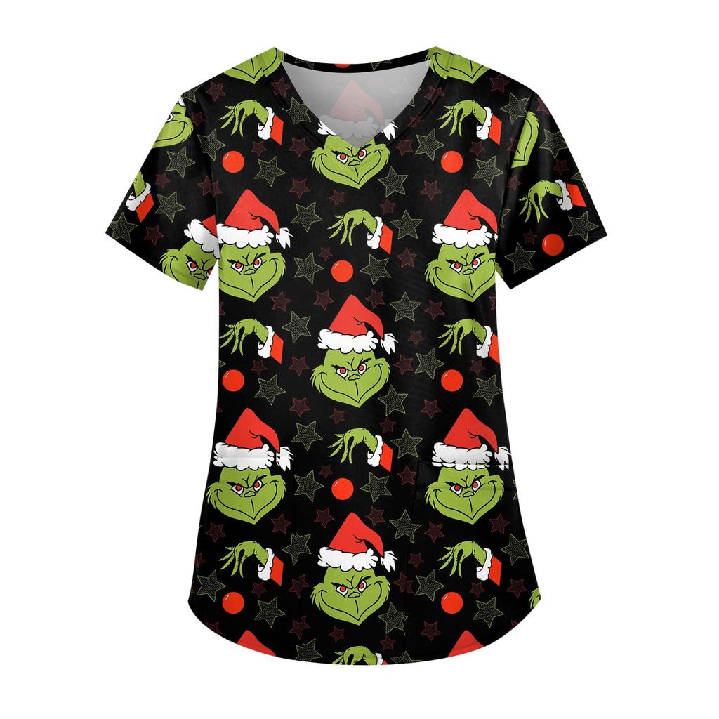Women's Cute Printed Work Clothes V-neck Double Layer Pockets Basic Short Sleeve Top Pullover Christmas