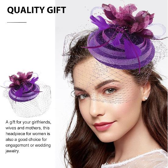 LIOOBO Wedding Bride Fascinator Headband with Purple Floral Mesh Small Hat, Vintage Women’s Headdress for Tea Party and Special Occasion