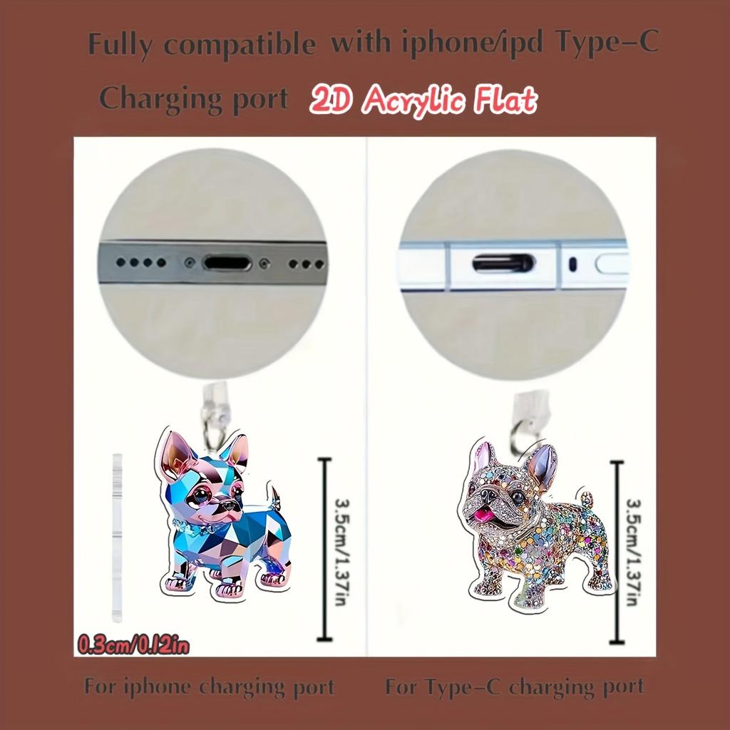 2pcs Shiny French Bulldog-Shaped Acrylic Dust Plugs and Cool Tech-Inspired Puppies, for Iphone/Type-C Interface - Shiny Rhinestone Design