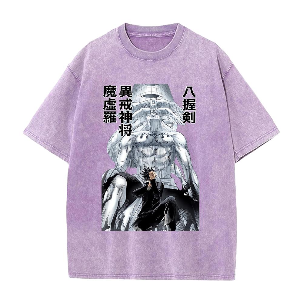 Anime Jujutsu Kaisen Fushiguro Megumi Makora Print T-shirt Men Women Tshirts Cotton Clothing Retro Washed T Shirt Harajuku Tops