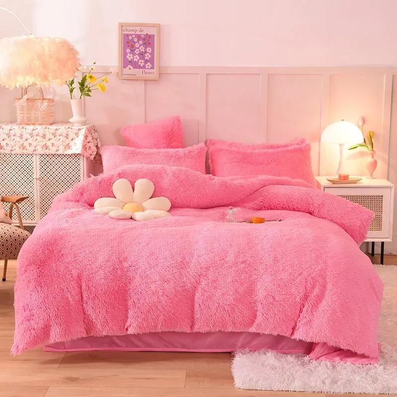 3/4PCS Winter Warm Plush Duvet Cover Pink Mink Velve+fluffy Flannel Quilt Cover Queen King Size Luxury Double Bed Bedding Set