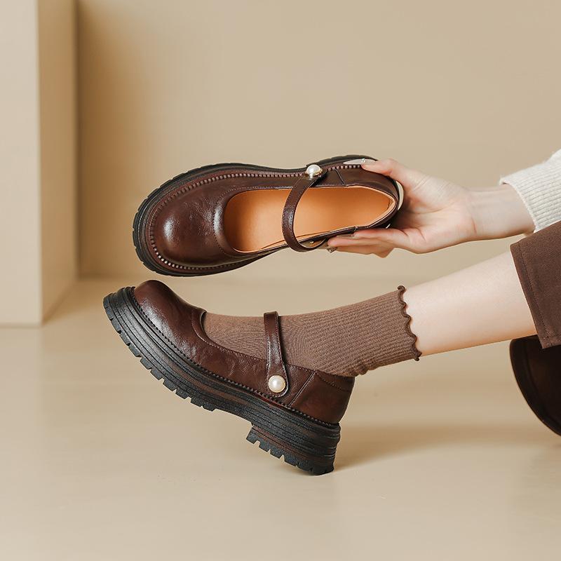 Retro British Shallow Mouth Small Leather Shoes Women's Spring and Summer New Round Head One-word Buckle Belt JK Versatile Japanese Mary Jane Singl