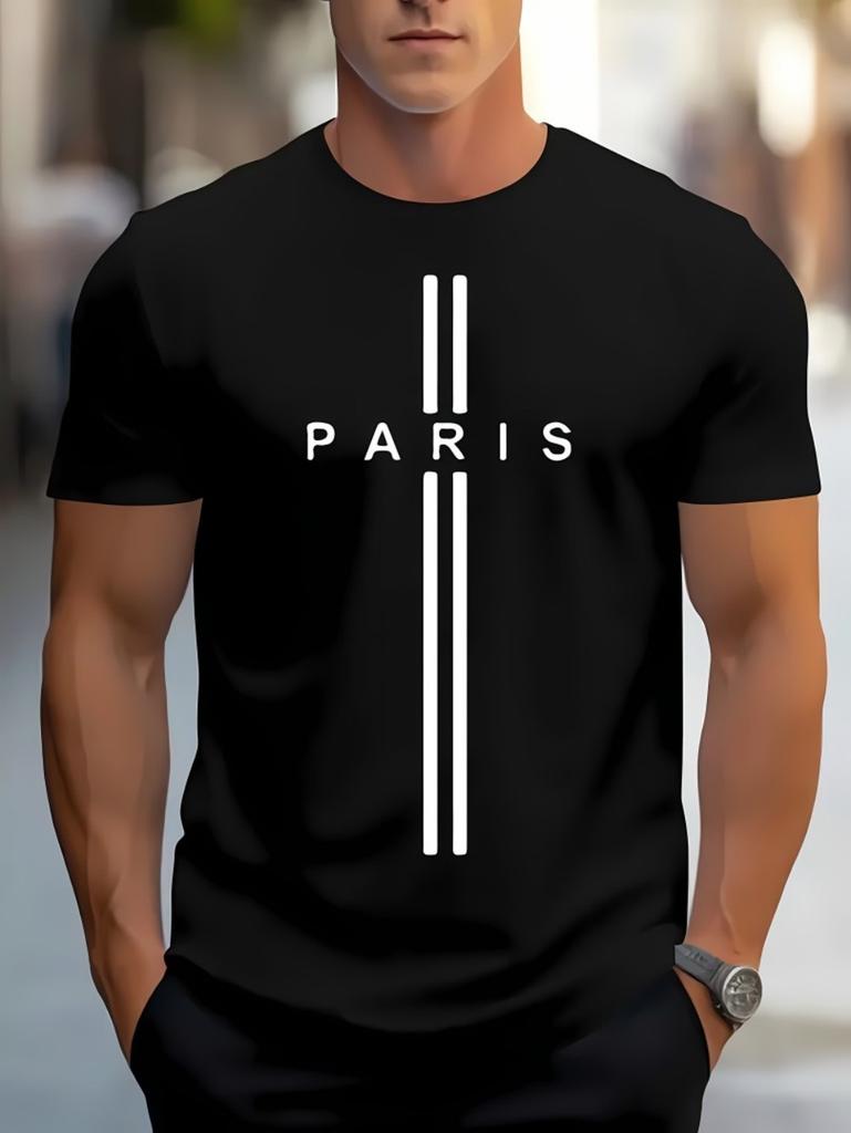 Summer fashion mens polyester fabric casual loose Paris letter pattern printed round neck short sleeved Tshirt fitness top