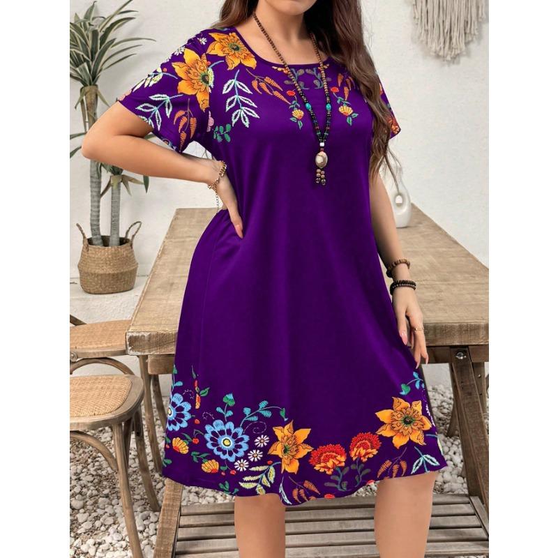 Women's Printed Round Neck Short Sleeved A-line Mini Dress, Summer Bohemian Style Dress