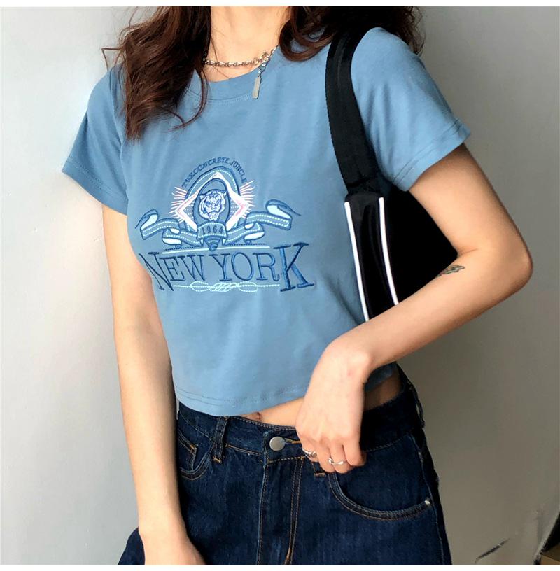 Women's 2025 Summer Korean-Style Embroidered Short-Sleeve Slim T-shirt