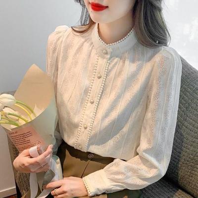Abiti primaverili Nuovo colletto alla coreana vintage francese Manica lunga all'interno Prendi leggings in pizzo Camicetta femminile primaverile e autunnale