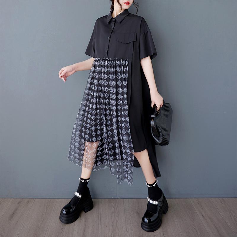 DIMANAF 2025 Plus Size Dress Women Summer Long Shirt Dress Lace Spliced Casual Loose Vintage Dress Maxi