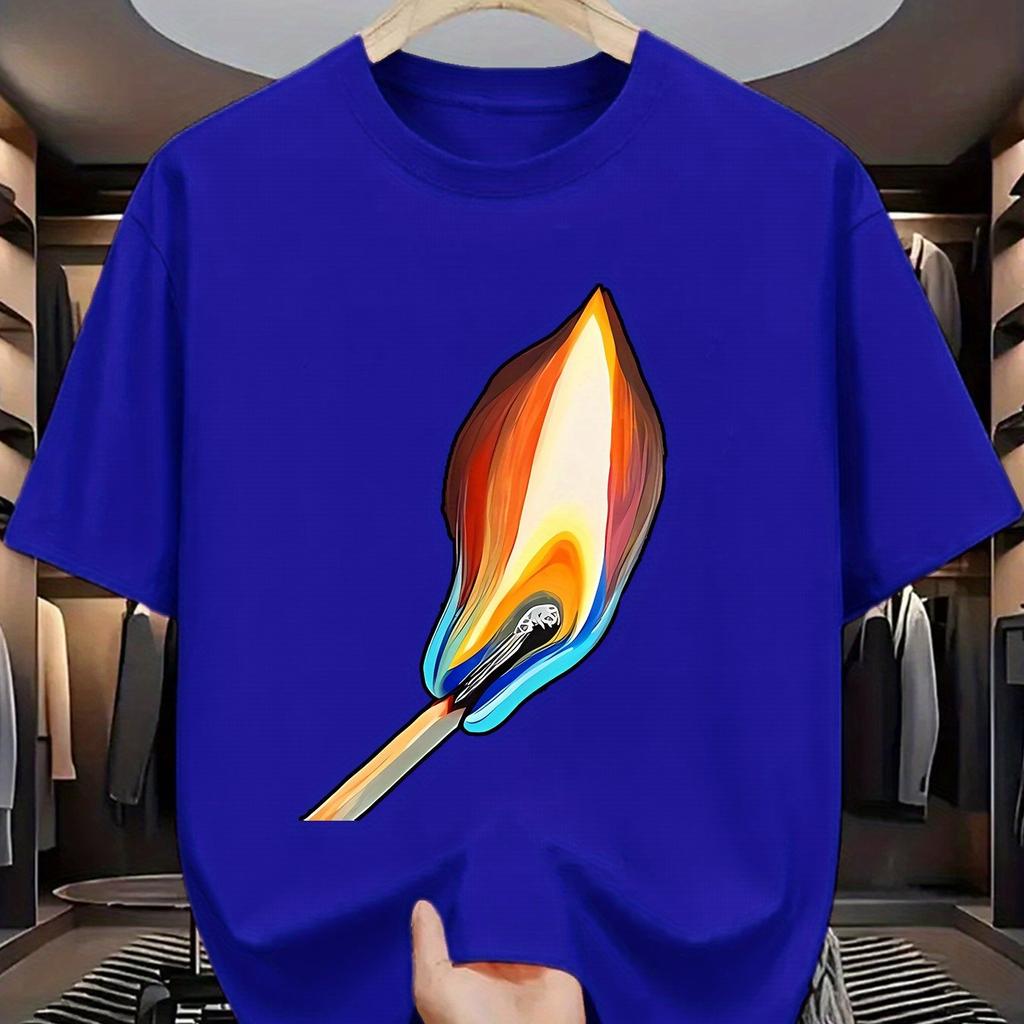 Brennendes Streichholz Grafikdruck Herren Baumwoll T-Shirt Lässig Kurzarm Rundhalsausschnitt Sommer T-Shirt