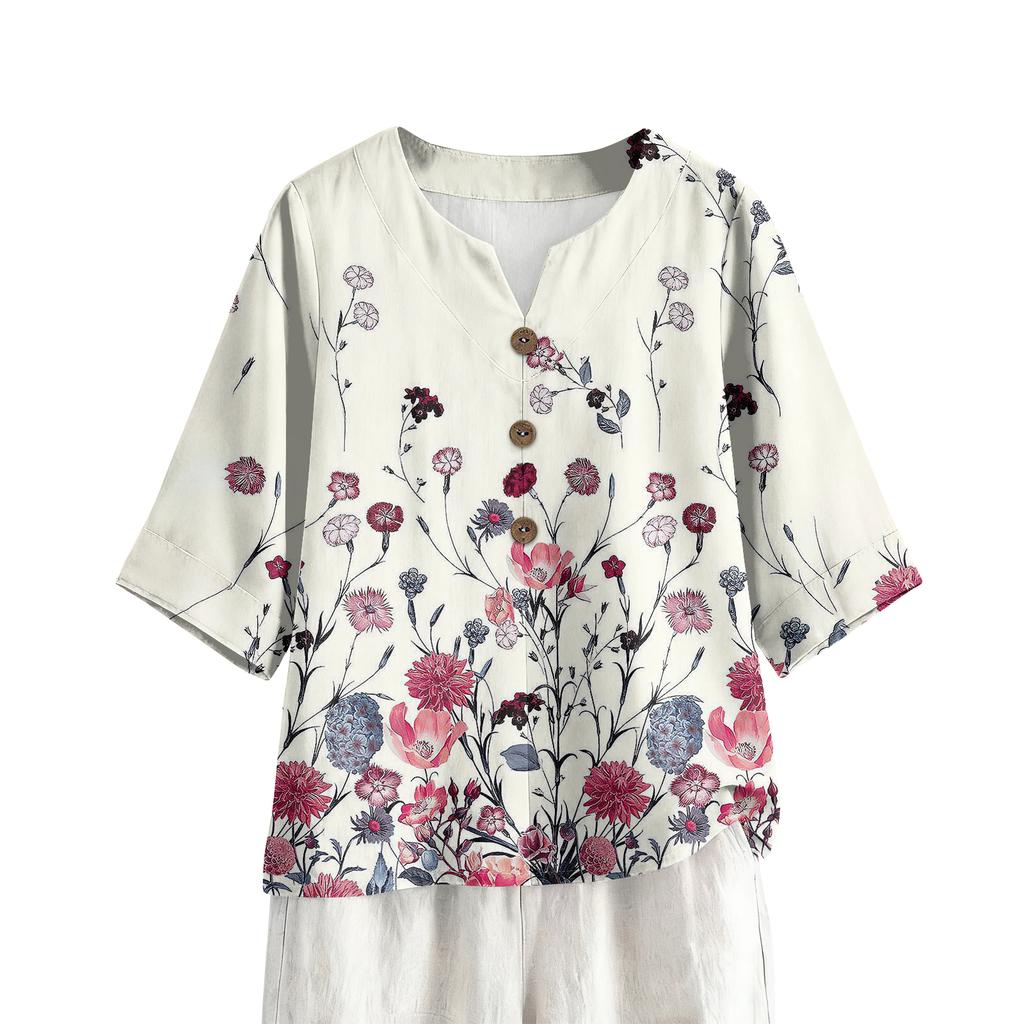 Women's Summer Fashion V-Neck 3/4 Sleeve Shirt Casual Loose-Fit Floral Print Top