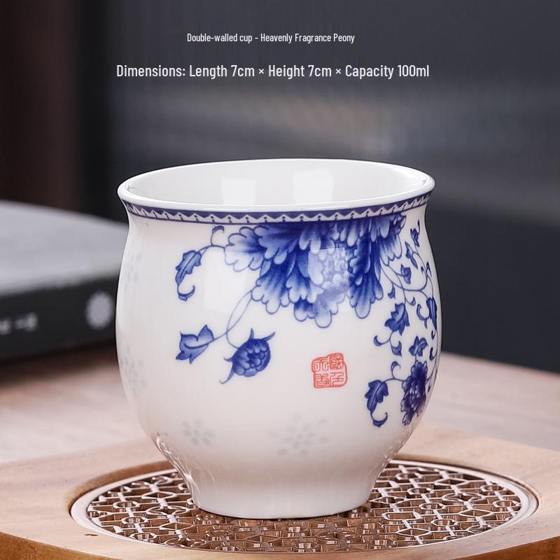 Blue and White Porcelain Heat-Insulating Ceramic Tea Cup - Large Anti-scalding Double-Walled Design for Home Use