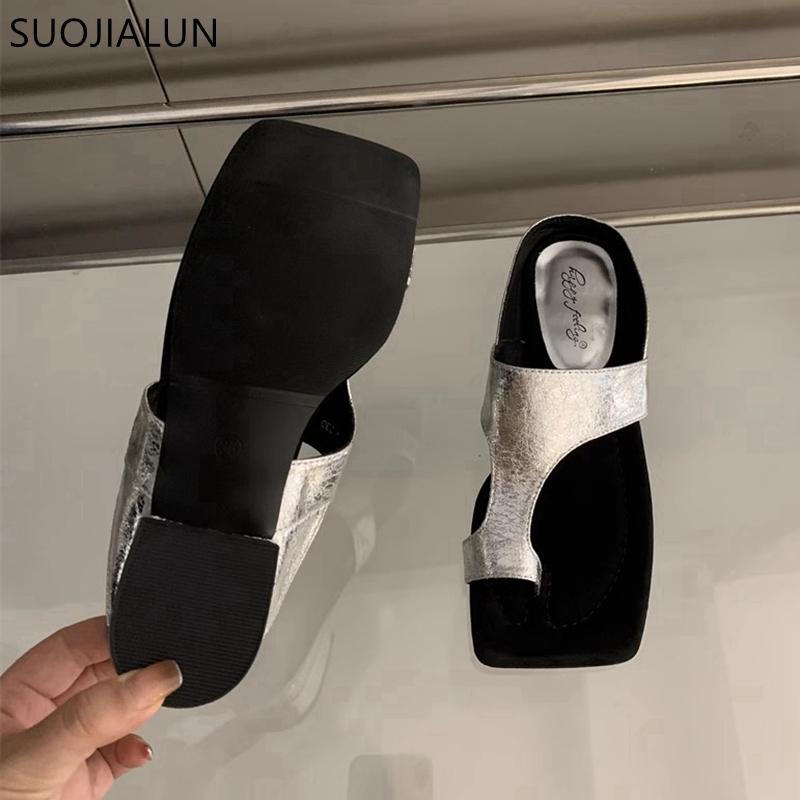 Fashion SUOJIALUN 2024 Summer New Brand Women Slipper Fashion Gold Ladies Elegant Slides Square Low Heel Dress Casual Flip Flops Shoes