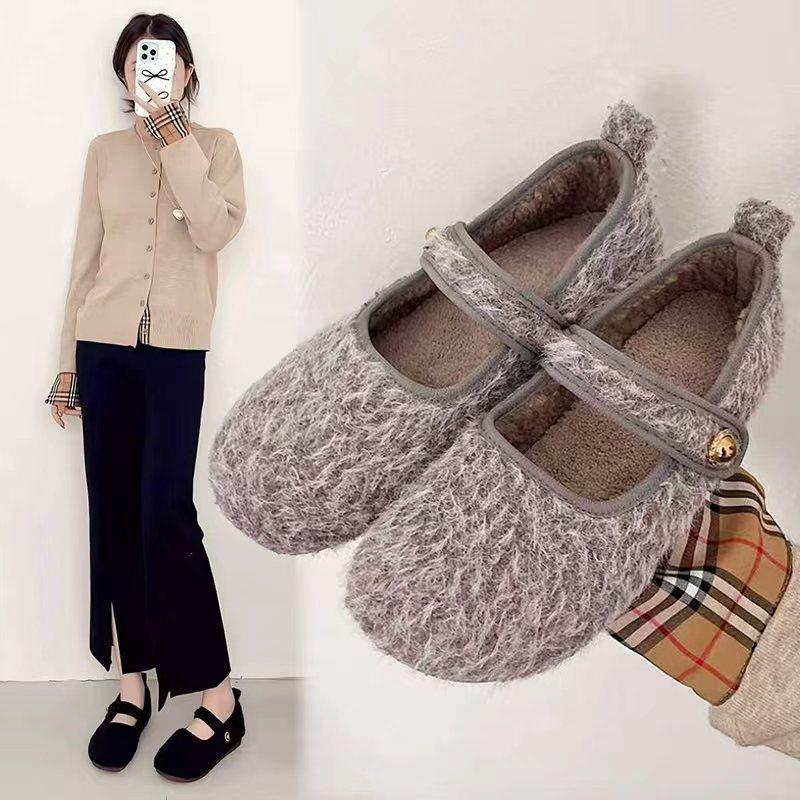 Autumn and winter Mary Jane fluffy shoes women's gray velvet thickened non-slip flat shoes French retro gentle cotton shoes