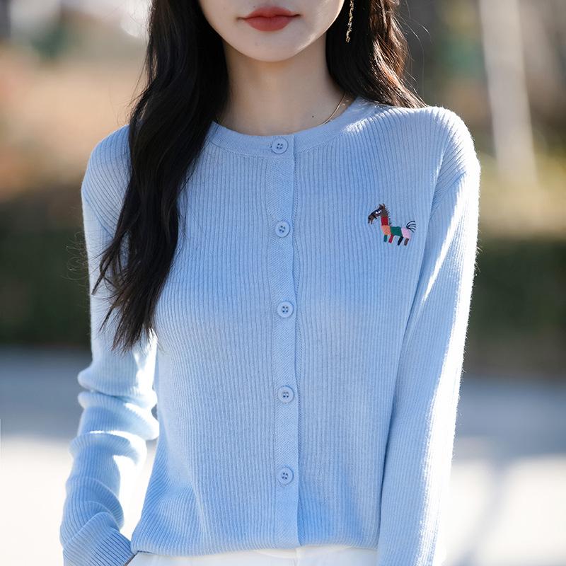 Neuer Strickcardigan mit Rundhalsausschnitt für Frühling und Herbst mit gesticktem bunten Pferd, lockeres und vielseitiges Oberteil