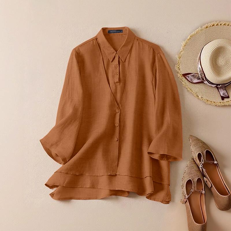 ZANZEA Women Casual Turn Down Collar 3/4 Sleeve Loose Blouse