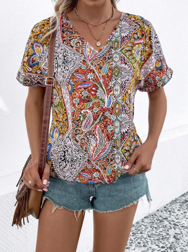 2026 European Women's Boho Paisley Print V-Neck Short Sleeve Shirt