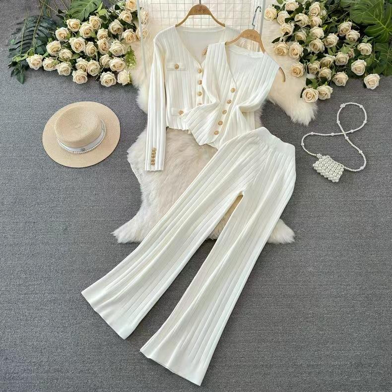 Fashion Suit Women's Korean Version Long-sleeved V-neck Single-breasted Knitted Jacket Three-piece Vest High-waisted Straight-leg Wide-leg Pants