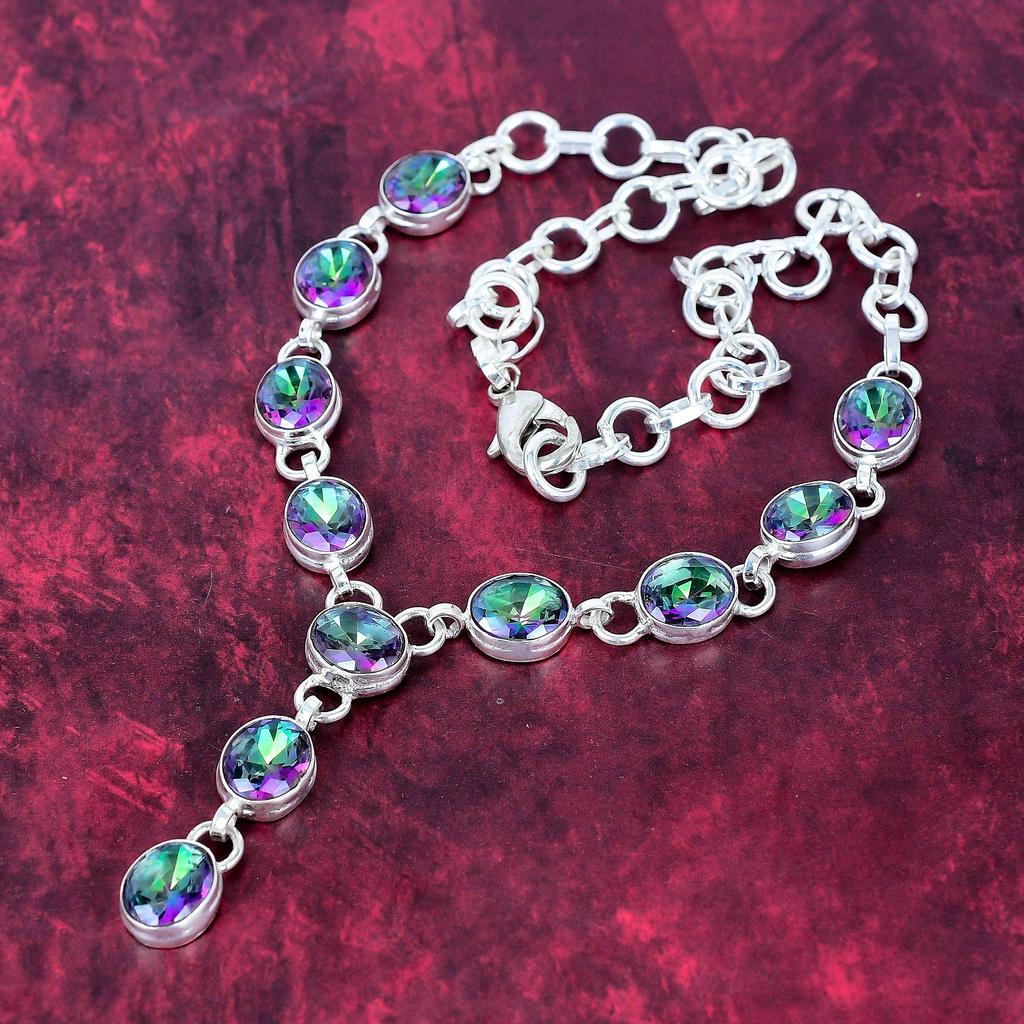 Mystic Topaz 925 Solid Sterling Silver Necklace, Handmade Gemstone Jewelry Necklace, For Memorial Day