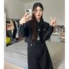 Women's Winter 2025 Korean Style Black Denim Jacket & A-line Skirt Set